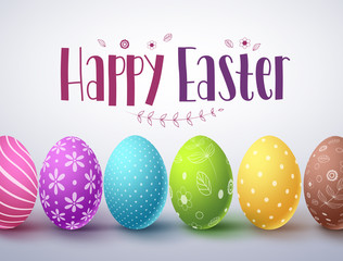 Happy easter vector design with set of colorful easter eggs elements and greeting text in white background for easter celebrations. Vector illustration.
