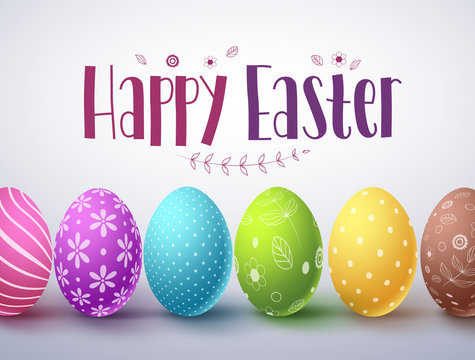 Happy easter vector design with set of colorful easter eggs elements and greeting text in white background for easter celebrations. Vector illustration.
