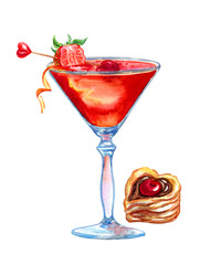 A cocktail with strawberries and a puff pastry in the form of a heart, watercolor drawing on a white background. Composition with a drink and sweetness to the day of St. Valentine, greeting card.