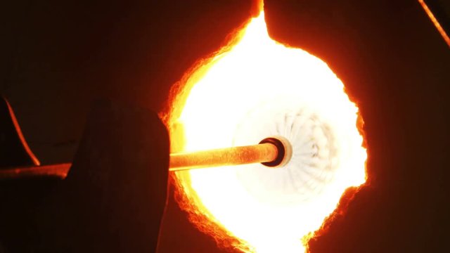 3840 Man Making Glass Vase by Blowing Glass in Furnace, 4K