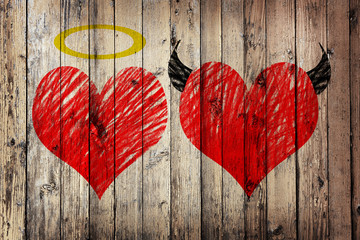 Valentines day background with two hearts - devil and angel