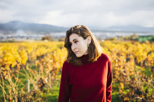 Young beautiful girl in the field. She wears a red sweater and jeans.