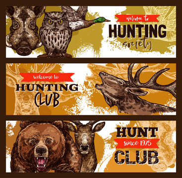 Hunting sport, hunter club banner with wild animal