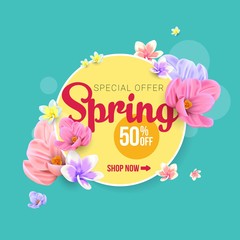 Fototapeta na wymiar Spring sale background with beautiful colorful flower. Vector illustration template discount.