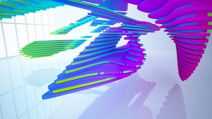 Abstract white and colored gradient parametric interiorwith window. 3D illustration and rendering.