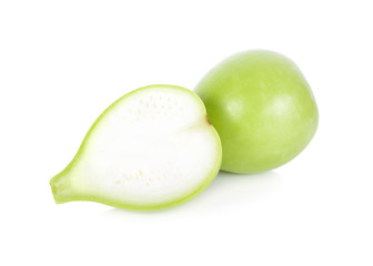 whole and half cut fresh calabash on white background