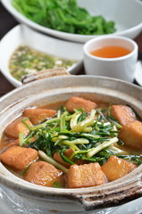 Green onions with chicken tofu in clay pot