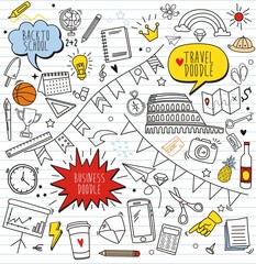 Set of colorful doodle on paper background.Doodles travel elements
