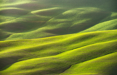 Abstract spring landscape, field and tracks texture. Tuscany, Italy
