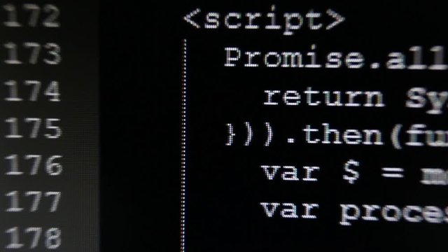 The display of the text flow of the source code instructions for a computer program on the PC screen. white symbols, black background.