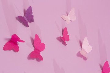 Fototapeta na wymiar Paper butterflies on a pink background. Love and Valentine's day concept. Top view