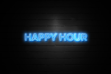 Happy Hour neon Sign on brickwall