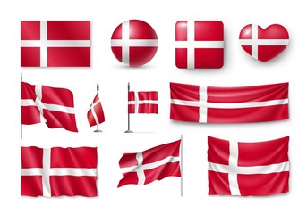 Set Denmark flags, banners, banners, symbols, flat icon. Vector illustration of collection of national symbols on various objects and state signs - obrazy, fototapety, plakaty