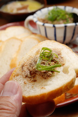 Baguette slices with foie gras sauce   