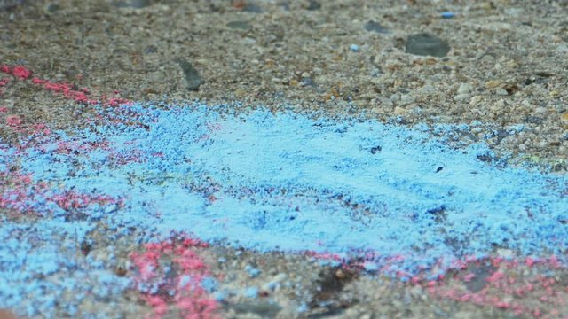 Child Coloring with Blue Chalk on Sidewalk Close Up, 4K
