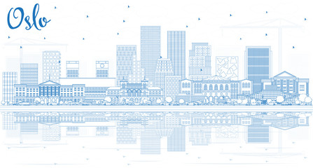 Outline Oslo Norway City Skyline with Blue Buildings and Reflections.