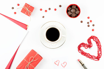 Valentine's Day mock up with coffee drink, giftbox, candies on white background, flat lay