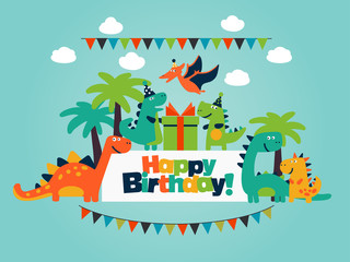 Happy birthday - lovely vector card with funny dinosaurs