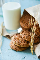 fresh oatmeal cookies in a bag made of paper on wooden background