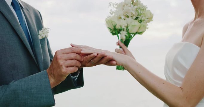 Bride and groom exchanging rings on wedding day