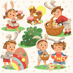 Fototapeta premium Set of Happy kids in bunny costume with ears hunting easter eggs, childrens play rabbits on spring holiday, decorative basket under bush vector illustration
