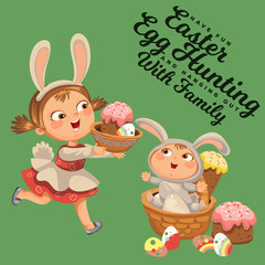 Little girl smile running hunting decorative chocolate egg in easter bunny costume ears and tail vector illustration, spring holiday fun isolated on white, baby run with paschal basket for eggs hunter