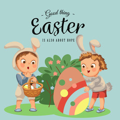 Little girl or boy hunting big decorative chocolate egg in easter bunny costume with ears and tail, vector illustration, spring holiday fun isolated on white, baby holding basket for eggs hunter