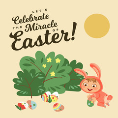 Little girl or boy hunting decorative chocolate egg under brush in easter bunny costume with ears and tail, vector illustration, spring holiday fun isolated on white