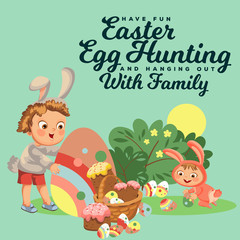 Little boy smile hunting decorative chocolate egg under brush in easter bunny costume with ears and tail, vector illustration, spring holiday fun, isolated on white, paschal basket for eggs hunter