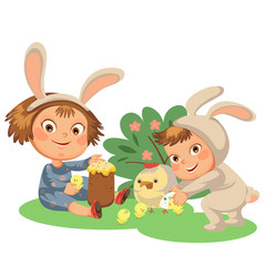 little girl smile playing with chickens under flowers bush, baby in apron with rabbit ears headband, easter bunny mask for costume vector illustration, spring holiday fun isolated on white