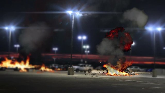 Two Car Bomb Explosion on Parking Lot Garage at Dusk VFX, 4K