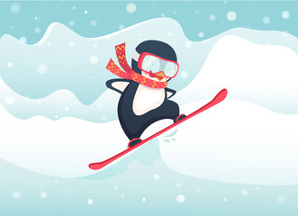 Naklejka premium penguin snowboarder at jump