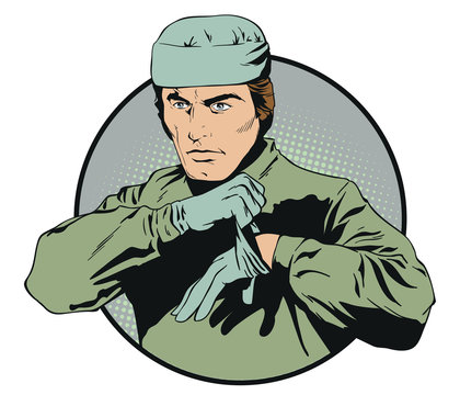 Male doctor puts on gloves. Stock illustration.