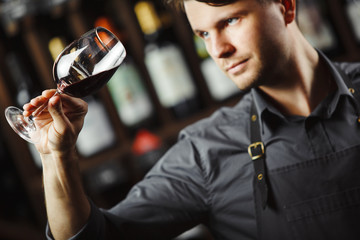 Bokal of red wine on background, male sommelier appreciating drink
