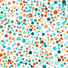 Watercolor confetti seamless pattern. Hand painted radiant circles. Watercolor confetti circles. Deep orange scattered circles pattern. 99.