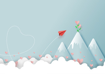 Paper art style of valentine's day greeting card and love concept.Origami red paper airplane flying to love plant on top of mountain.Vector illustration.
