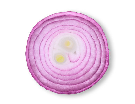 half sliced red onion isolated on white background, flat lay, top view