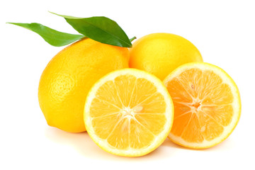 Naklejka na ściany i meble healthy food. lemon with green leaf isolated on white background