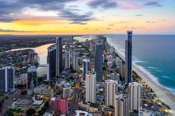 The Surfer's Paradise skyline during sunset on the Gold Coast, Queensland, Australia. Photographed circa September, 2016.