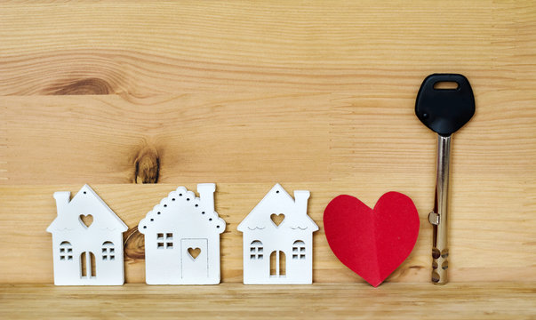 Small White Houses Models ,Red Heart  and Key.New Home Concept