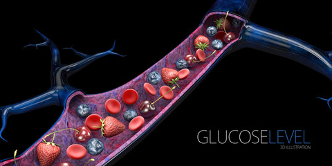 Blood sugar level or glucose level. Blood vessels with fruits and red blood cells, 3d Illustration