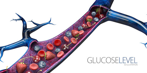3d Illustration of Blood sugar level or glucose level. Blood vessels with fruits and red blood cells, isolated white