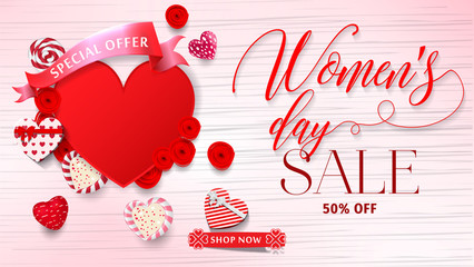 Womens day sale 50% Off banner template for social media advertising, invitation or poster design. Vector illustration. Special offer Background for women's day celebration.