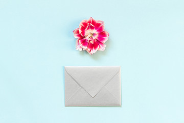 Silver envelope and head tupil on blue background. Spring.