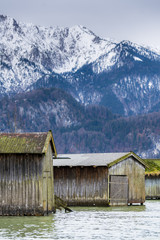 Bootshäuser, Kochel am Kochelsee, Bayerische Alpen, Bayern, Deutschland