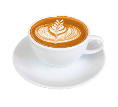 Fototapeta Gorący kawowy latte z piękną mleko piany latte sztuki teksturą odizolowywającą na białym tle, ścinek ścieżka zawierać.