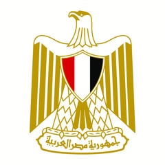 The Coat Of Arms Of Egypt. Shield  on the breast of the Golden eagle, looking right, holding in the paws a ribbon with an inscription in Arabic of the Arab Republic of Egypt.