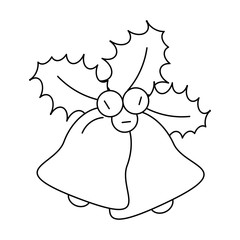 merry christmas bell with bow and leafs decorative line icon