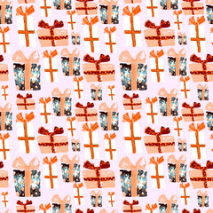 Seamless Pattern with Hand Drawn Watercolor Gifts with Bow. Christmas Background. Party or Birthday Design. Repeatable New Year Pattern. Can be used For Textile Print, Packaging, Wallpaper, Wrapper.