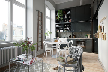 3D Rendering house indoors kitchen room no people full view vertical space for relaxation